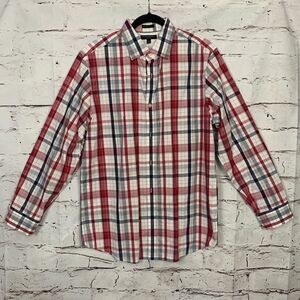 Banana Republic Mens Shirt Large White Blue Red Plaid Long Sleeve Button Camden